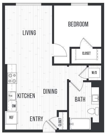 Floor plan for 1 bed, 1 bath, 797 sqft